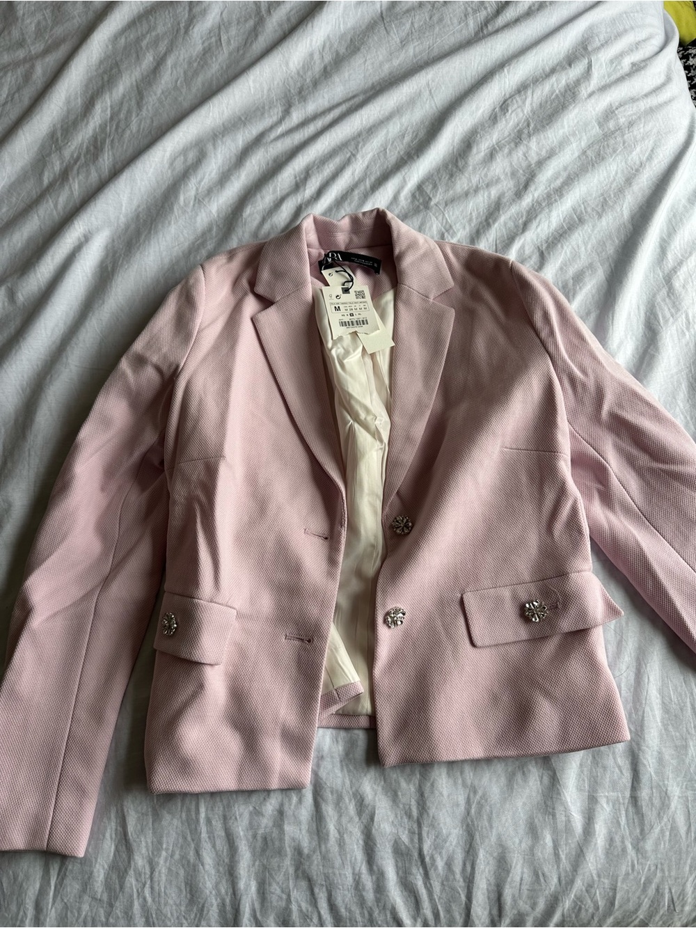 Zara Pale Pink Crystal-Button Tailored Blazer